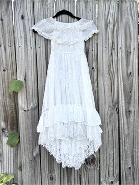 Cottagecore bohemian White Off Shoulder Lace High Low Maxi Dress, Size 4/5